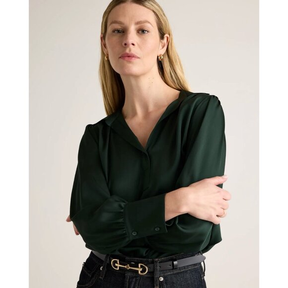 Quince Washable Stretch Silk Split Neck Blouse - Picture 3 of 8